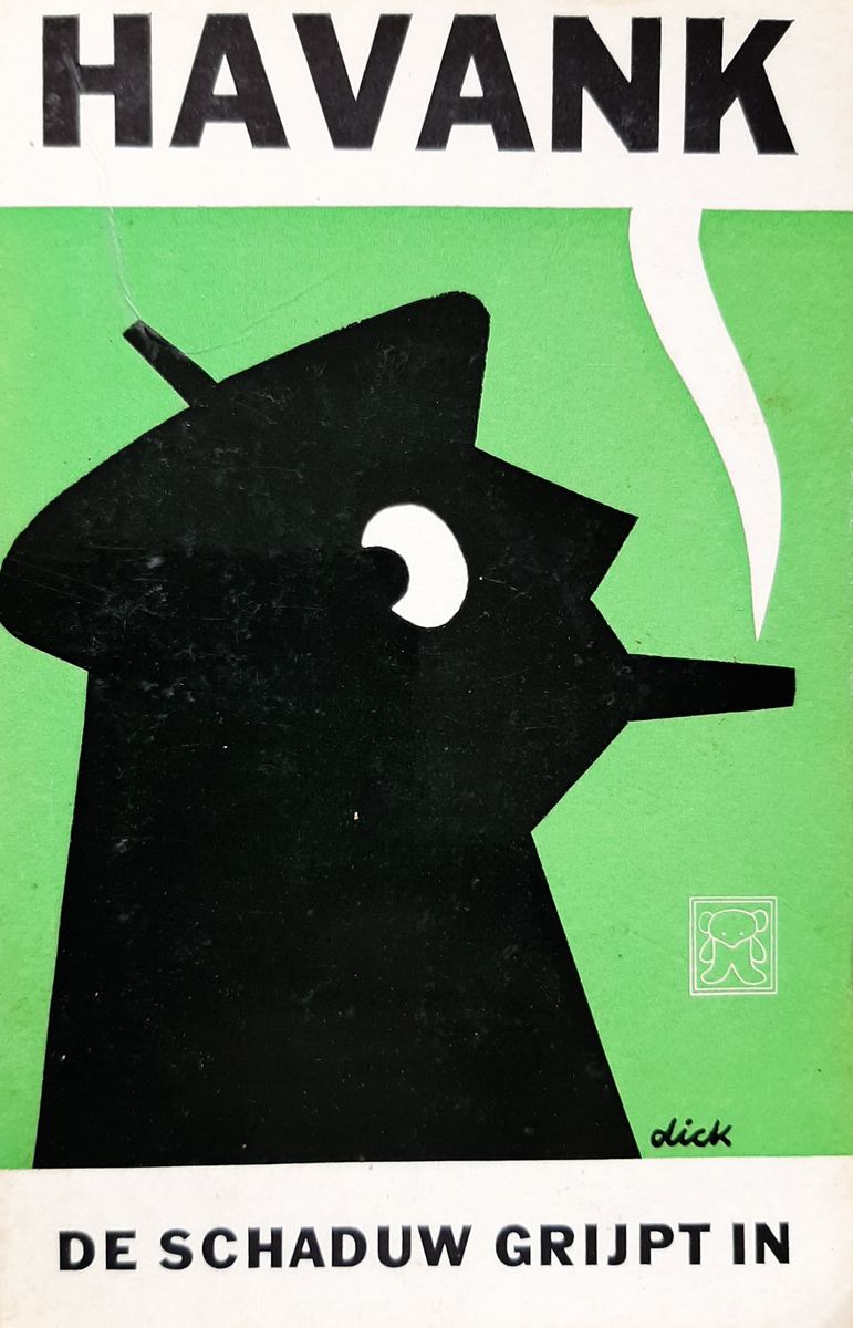 Omslag uit 1940 van de Havank-roman “De schaduw grijpt in”, met een zwart silhouet van een man met hoed op een groene achtergrond