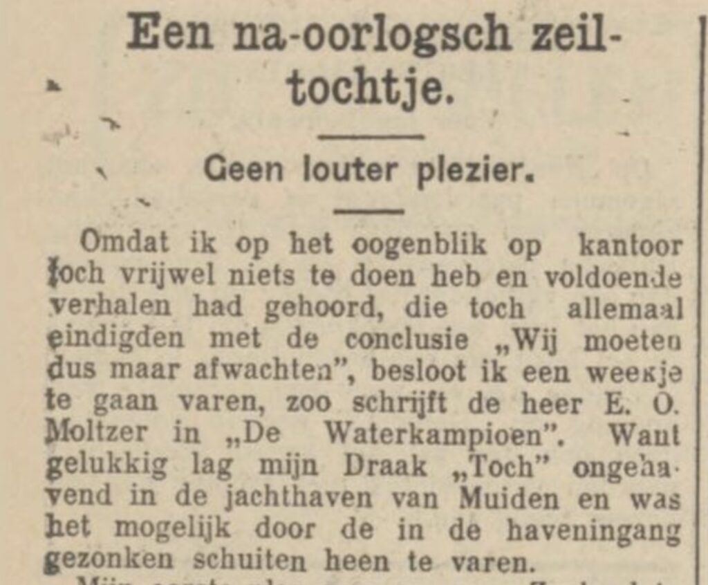 Krantenknipsel “Een na-oorlogsch zeiltochtje – geen louter plezier”, waarin E.O. Moltzer verslag doet van een zeiltocht