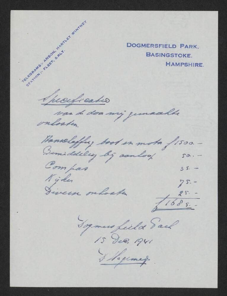 Handgeschreven specificatie van de kosten van de motorboot en de uitrusting, opgesteld op Dogmersfield Park op 13 december 1941