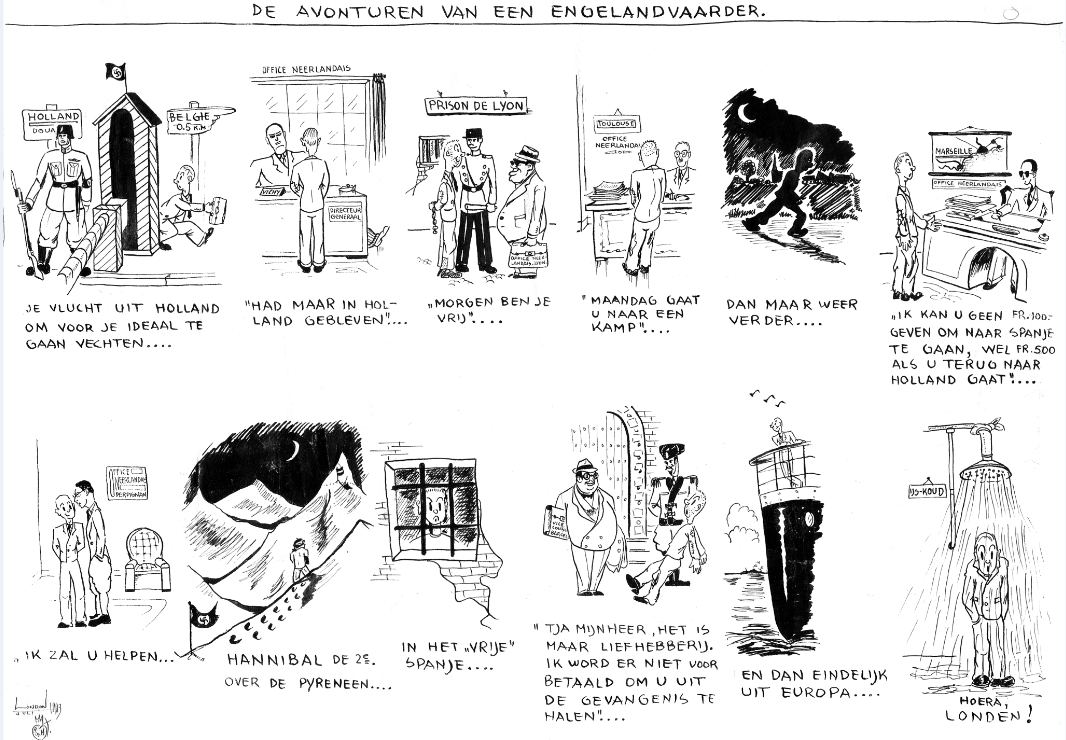 Cartoonstrip “De avonturen van een Engelandvaarder” in twaalf getekende panelen