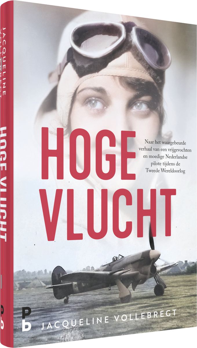 Het boek “Hoge vlucht” van Jacqueline Vollebregt, met op de omslag een vliegersgezicht met stofbril boven een jachtvliegtuig