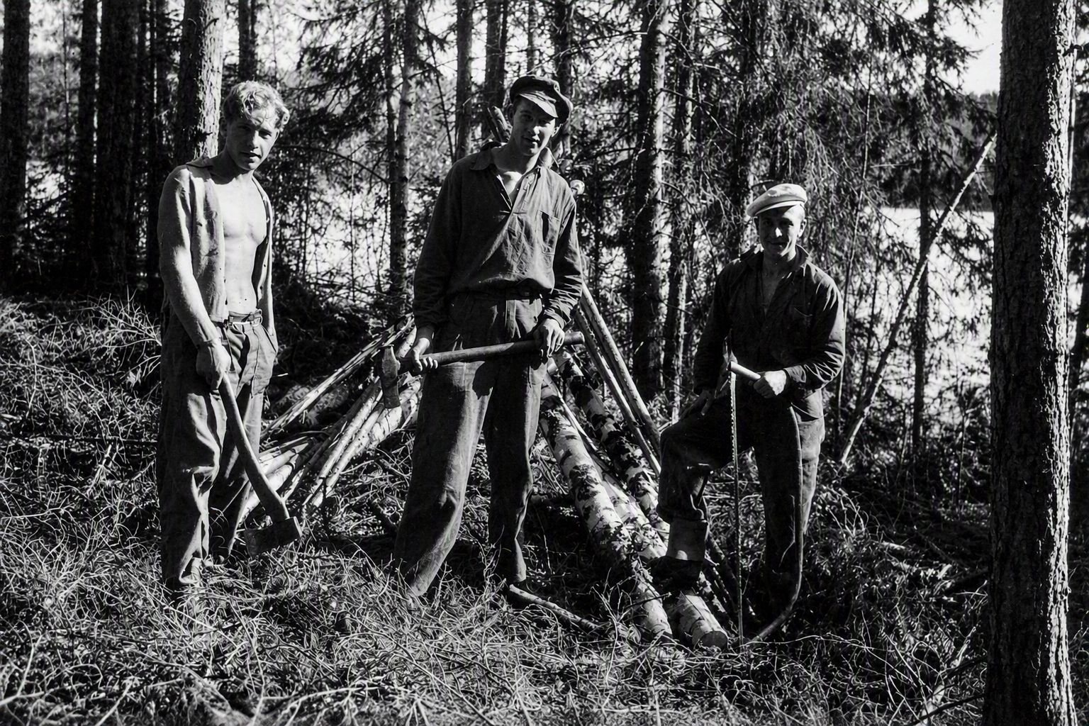 Scandinavische route: Bosarbeid in de Zweedse bossen, in afwachting van vervoer naar Engeland.