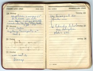 Notities in de agenda van Henk Brandenburg waarin hij aangeeft op 18 februari 1945 vanuit Zweden op het vliegveld van St. Andrews in Edinburgh te zijn aangekomen, de volgende dag in Londen was gearriveerd en op 23 februari voor verhoor naar de Patriotic School was overgebracht.